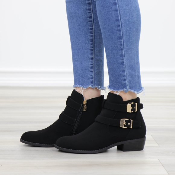Black Velvet Ankle Boots Gold Buckles Booties - Picture 12 of 13